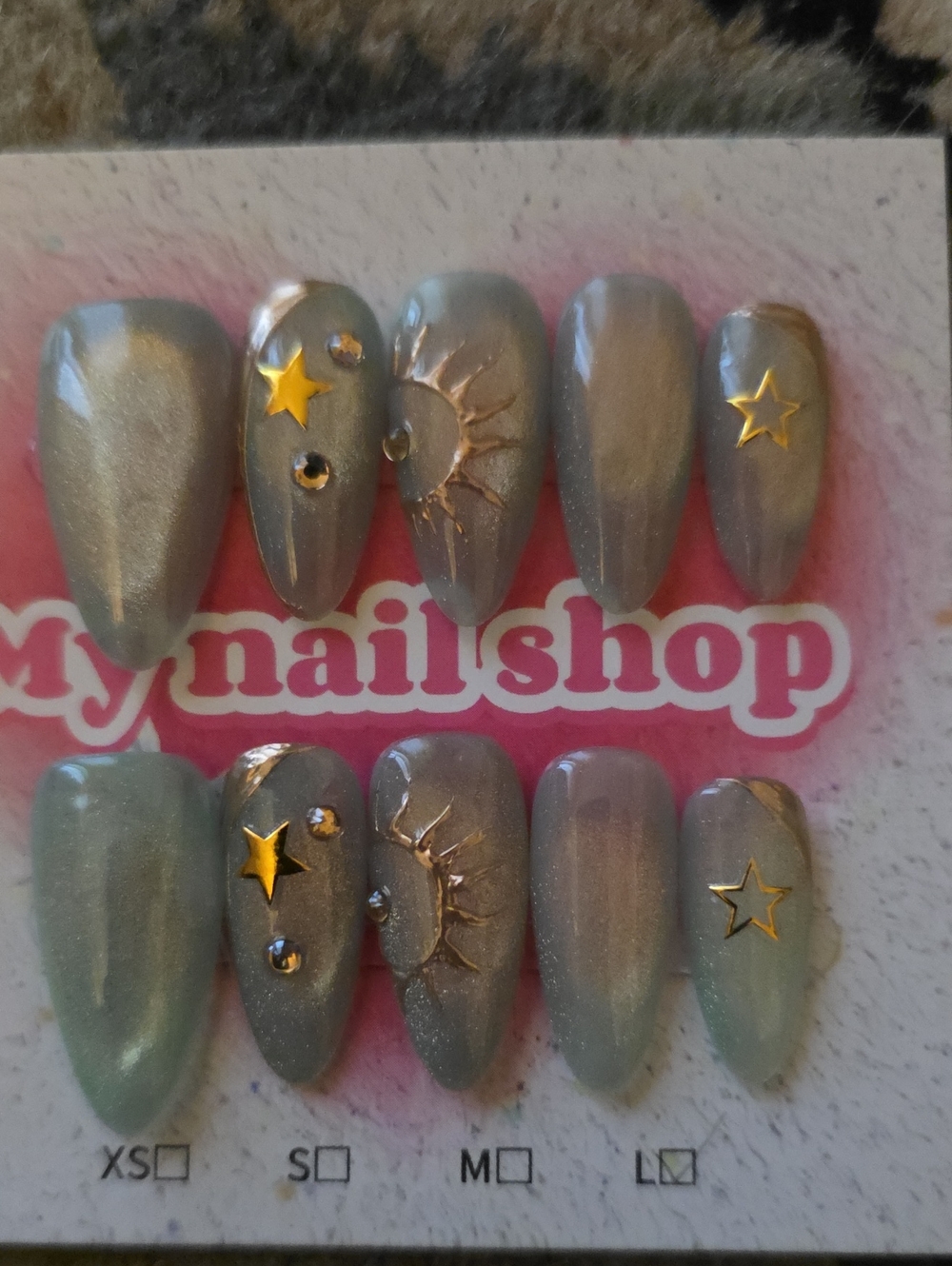 Press-On Nail Set with Gold Star Accents Size Large